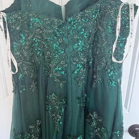David's Bridal Jules & Cleo Emerald Green Beaded Floral Glitter Tulle Gown - Picture 2 of 7